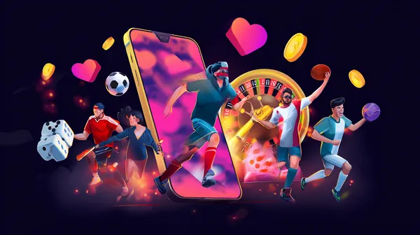 A young woman relaxing with her phone while dynamic casino elements float around her, illustrating the smooth mobile experience offered by the BDTJL app.